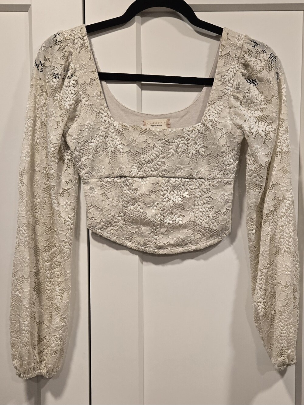 Altar'd State Ivory Lace Long-Sleeve Crop Top